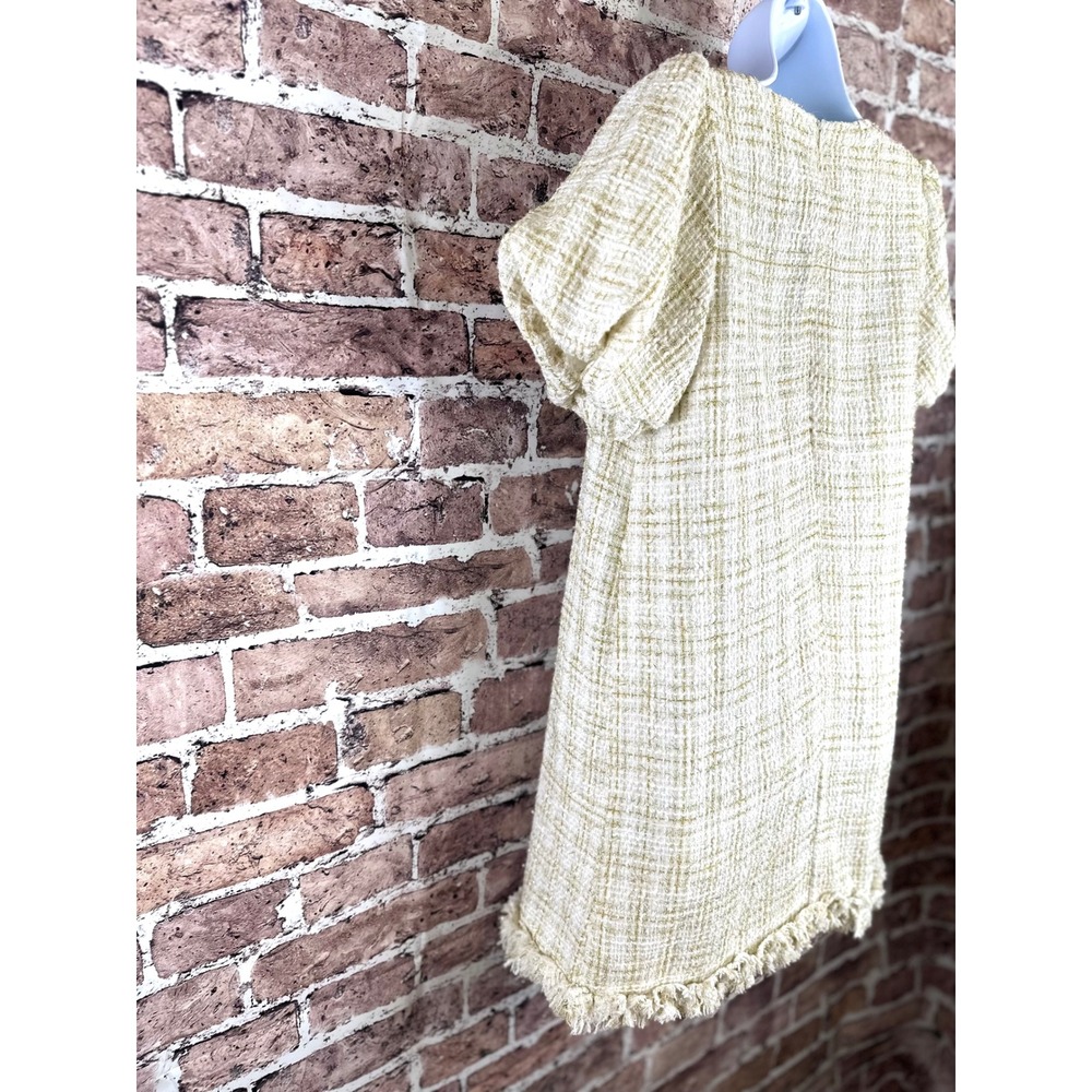 AURA Ivory Gold Metallic Tweed Puff Sleeve Mini Dress Faux Pearl M Old Money - Picture 6 of 13